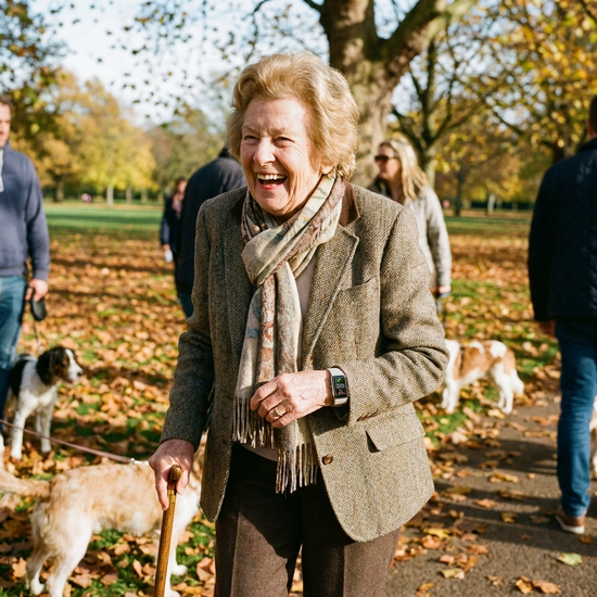 Eine rüstige ältere Dame trägt eine Smartwatch am Handgelenk, während sie mit einem Gehstock durch einen Park spaziert.