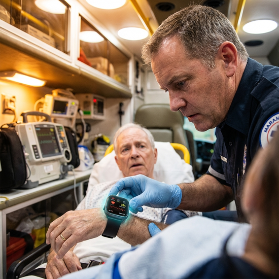 Ein Rettungssanitäter blickt aufmerksam auf das Display einer Smartwatch am Handgelenk eines Patienten.