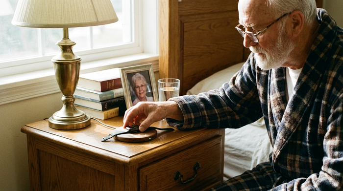 Ein älterer Herr legt seine Smartwatch auf ein induktives Ladepad auf dem Nachttisch.