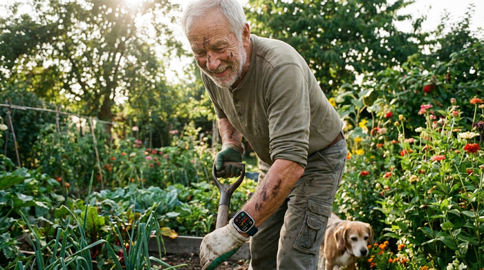 Ein rüstiger Senior arbeitet aktiv im Garten, an seinem Handgelenk trägt er gut sichtbar eine moderne Smartwatch.