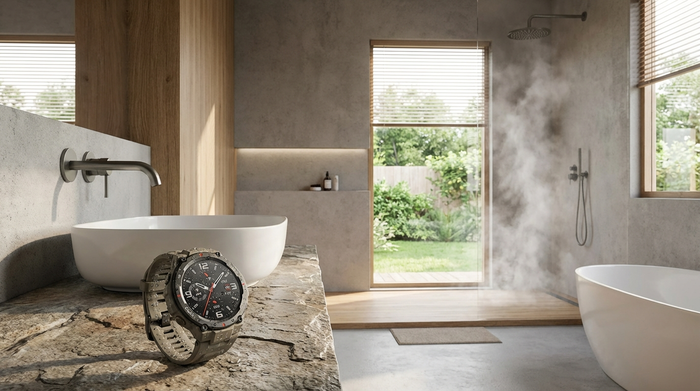 Eine Smartwatch liegt spritzwassergeschützt neben dem Waschbecken in einem modernen Badezimmer.