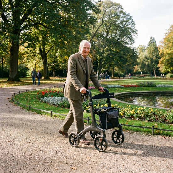 Älterer Herr geht sicher mit einem modernen Rollator durch einen gepflegten Park