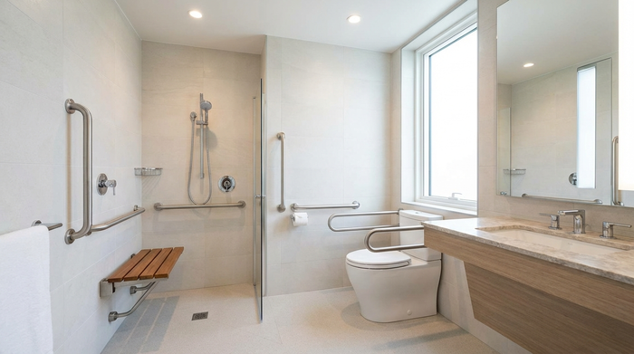 Helles, modern ausgestattetes und barrierefreies Badezimmer mit stabilen Haltegriffen und einem sicheren Duschsitz