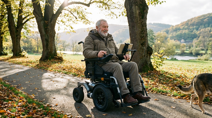 Senior fährt entspannt in einem modernen elektrischen Rollstuhl auf einem befestigten Weg