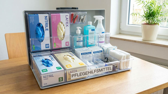 Ordentlich sortierte Pflegehilfsmittelbox mit Einmalhandschuhen und Desinfektionsmittel auf einem Tisch
