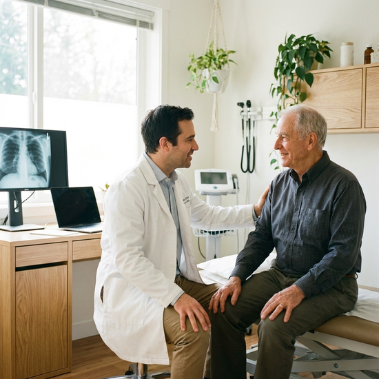 Arzt im weißen Kittel spricht zugewandt mit einem älteren Patienten in einem hellen Behandlungszimmer