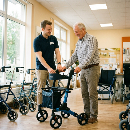 Freundlicher Mitarbeiter im Sanitätshaus zeigt einem Senior die Funktionen eines neuen Rollators