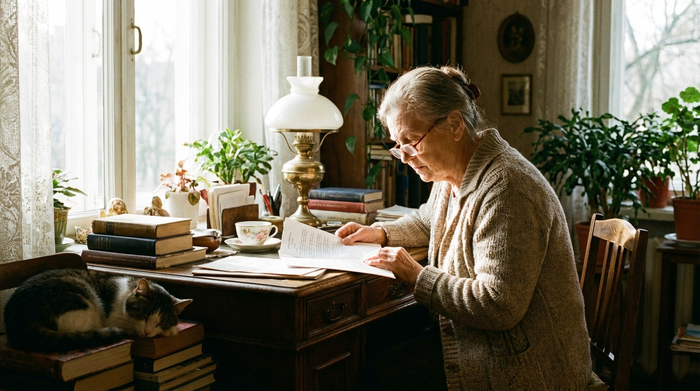 Seniorin liest aufmerksam ein Dokument an einem Schreibtisch bei hellem Tageslicht