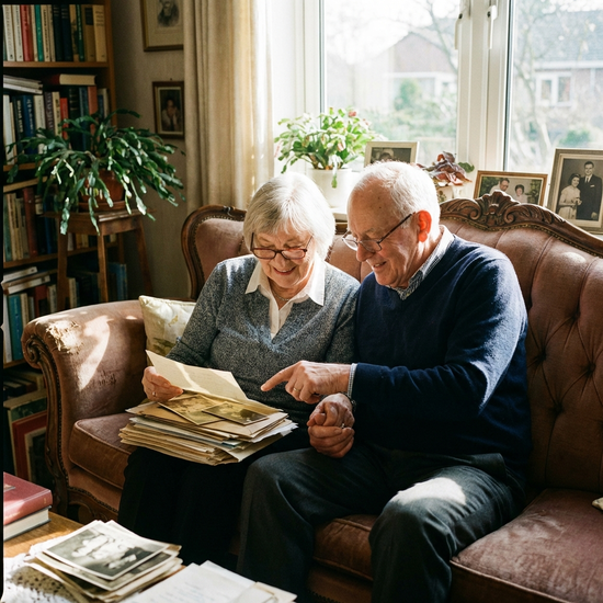 Seniorenpaar studiert gemeinsam Dokumente auf dem Sofa