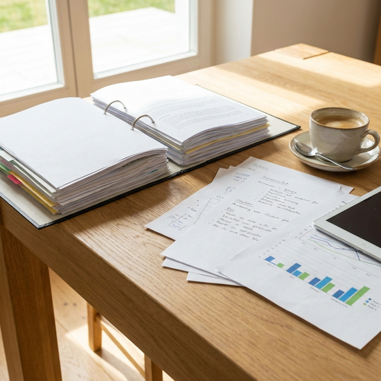 Geöffneter Aktenordner und Papiere auf einem hellen Holztisch neben einer Kaffeetasse