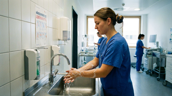 Pflegerin wäscht sich gründlich die Hände am Waschbecken
