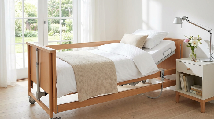 Sauberes, frisch bezogenes Pflegebett in einem hellen Zimmer