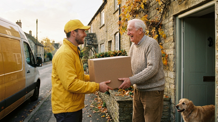 Freundlicher Paketbote überreicht einem lächelnden Senior ein Paket an der Haustür