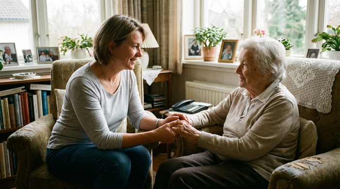 Pflegende Angehörige hält beruhigend die Hand einer älteren Dame