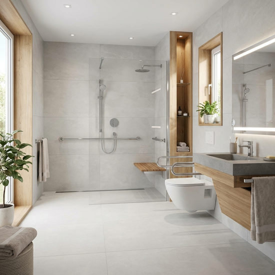 Modernes, barrierefreies Badezimmer mit ebenerdiger Dusche und Haltegriffen