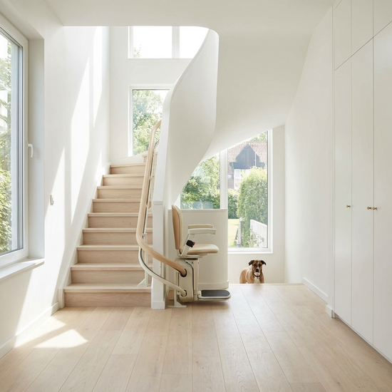 Treppenlift in einem hellen, aufgeräumten Flur