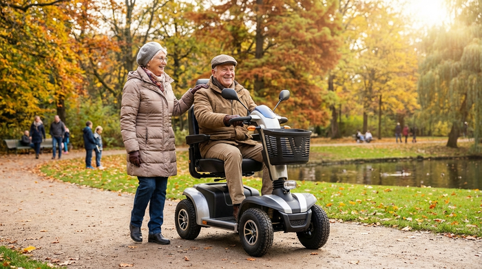 Seniorenpaar beim entspannten Spaziergang im Park, der Herr nutzt ein modernes Elektromobil
