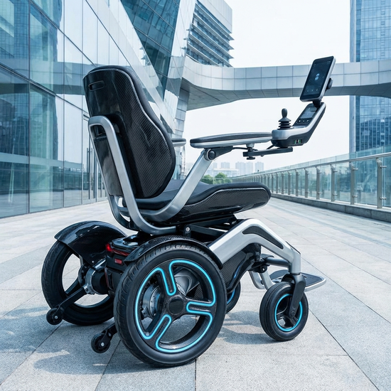 Moderner Elektrorollstuhl mit seitlichem Steuerungsmodul