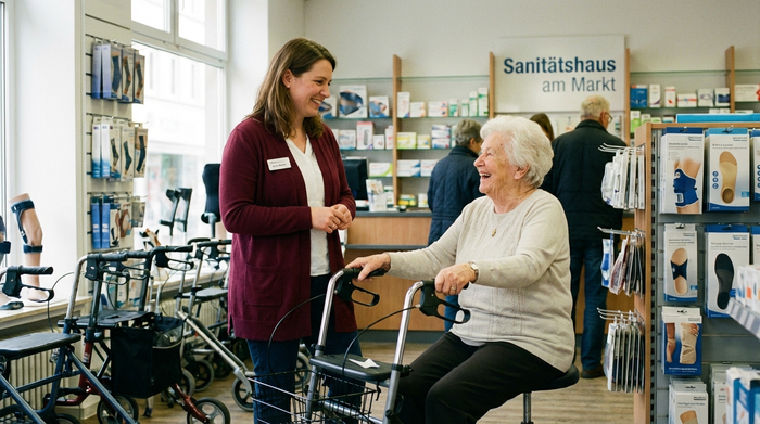 Freundliche Beraterin im Sanitätshaus im Gespräch mit einer älteren Dame
