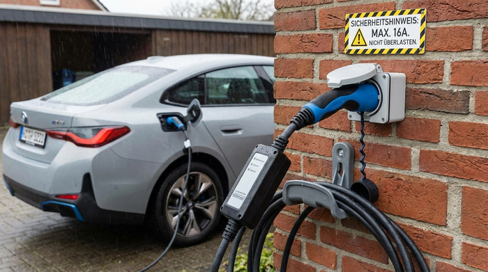 Ladegerät eines Elektromobils sicher an einer Haushaltssteckdose angeschlossen