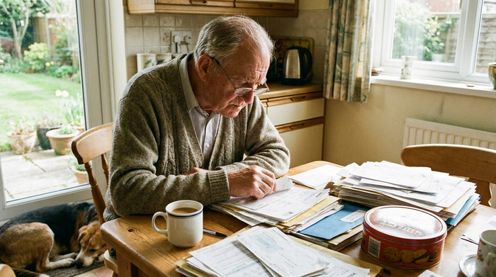 Älterer Herr sitzt am Küchentisch und sortiert konzentriert seine Unterlagen