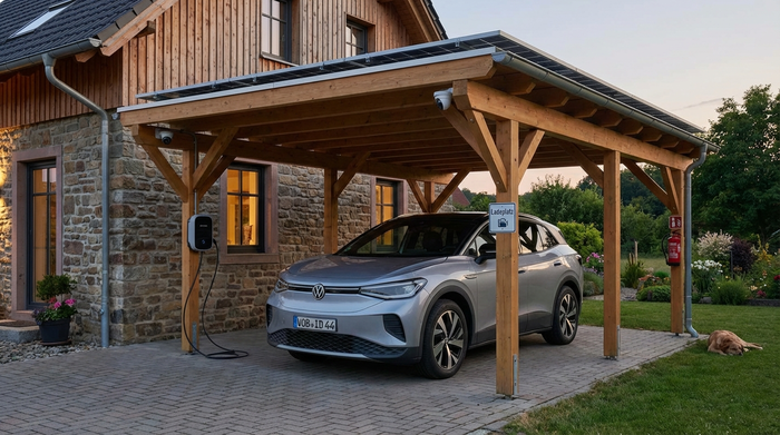 Elektromobil sicher unter einem Carport neben dem Haus geparkt