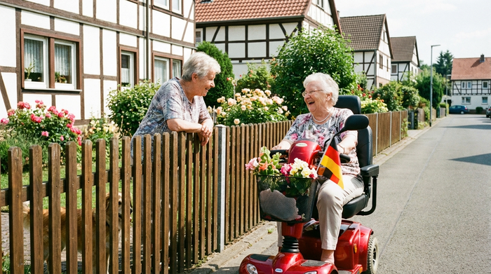 Fröhliche Seniorin im Elektromobil im Gespräch mit ihrer Nachbarin am Gartenzaun