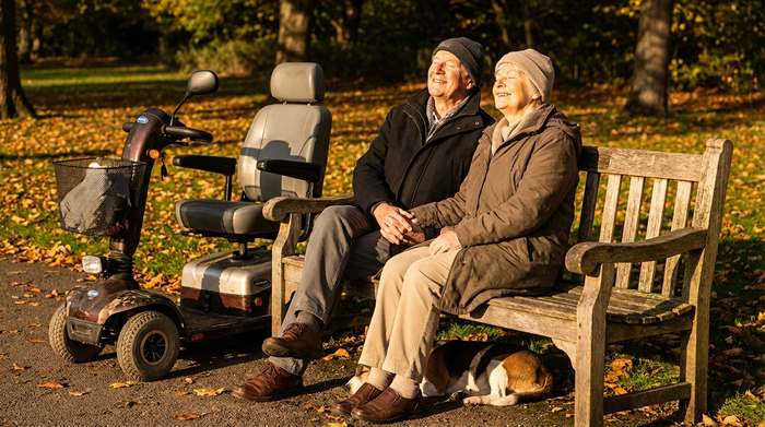 Seniorenpaar genießt gemeinsam die Nachmittagssonne auf einer Parkbank neben dem Elektromobil