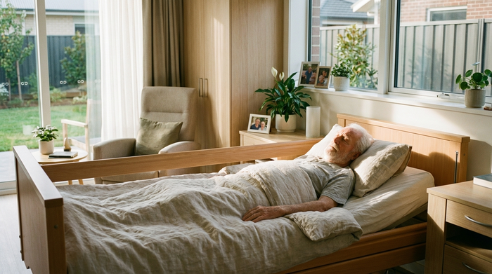 Ruhig schlafender Senior in einem modernen, hellen Pflegezimmer mit sanftem Morgenlicht