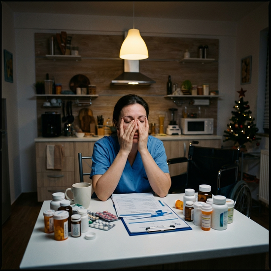 Erschöpfte pflegende Angehörige sitzt müde am Küchentisch bei gedimmtem Licht