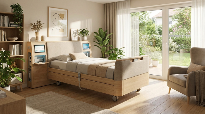 Modernes Pflegebett in einer gemütlichen, hellen häuslichen Umgebung