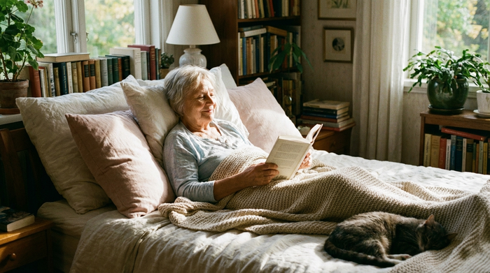 Seniorin liest entspannt und schmerzfrei ein Buch im Bett