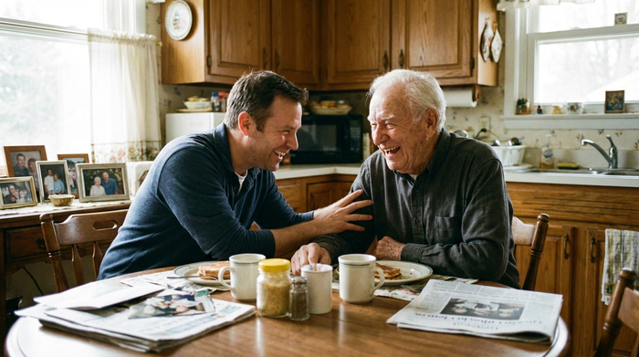 Pflegender Sohn und sein älterer Vater lachen gemeinsam am Esstisch