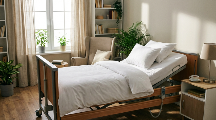 Sauberes, frisch bezogenes Pflegebett mit heller, faltenfreier Bettwäsche in einem wohnlichen Raum