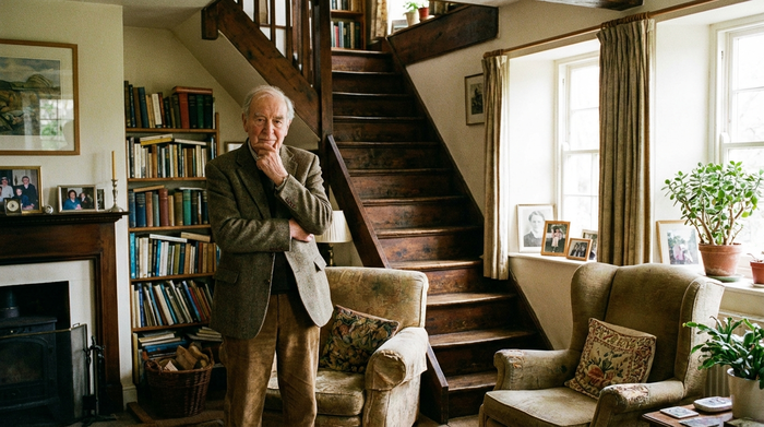 Freundlicher älterer Herr steht nachdenklich vor einer steilen, hölzernen Treppe in seinem gemütlichen Wohnzimmer