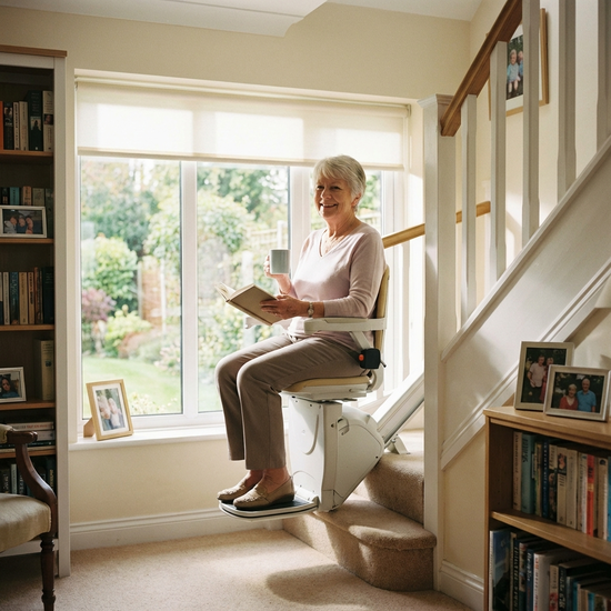 Zufriedene Seniorin fährt sicher und entspannt mit einem Treppenlift nach oben