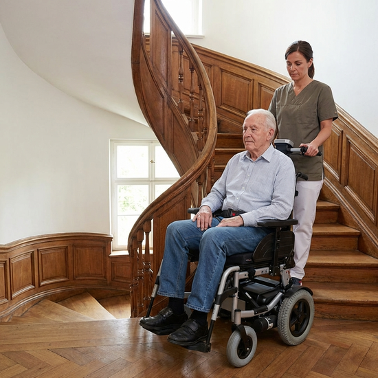 Pflegerin manövriert einen Rad-Treppensteiger mit Rollstuhl sicher über eine gewendelte Treppe
