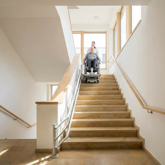 Treppenraupe überwindet sanft eine gerade Steintreppe im hellen Treppenhaus
