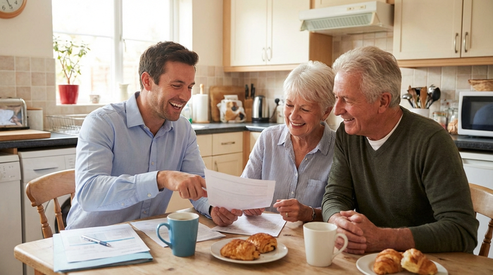Freundlicher Berater sitzt mit einem älteren Ehepaar am Küchentisch und bespricht entspannt Unterlagen