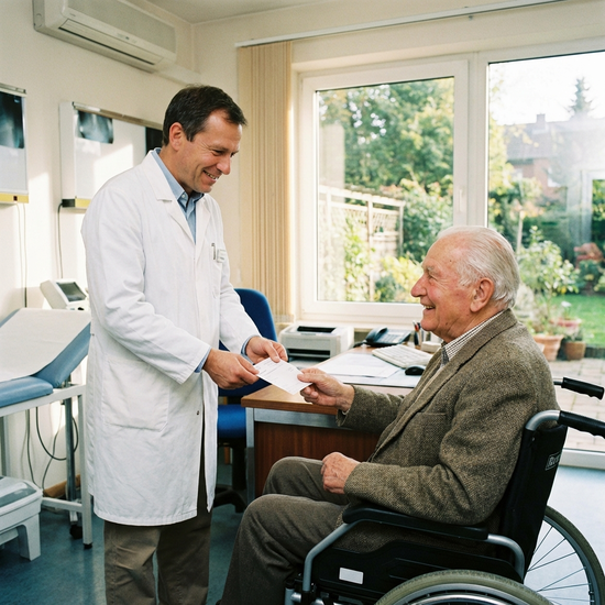 Arzt überreicht einem lächelnden Senior im Rollstuhl ein Rezept in der Praxis