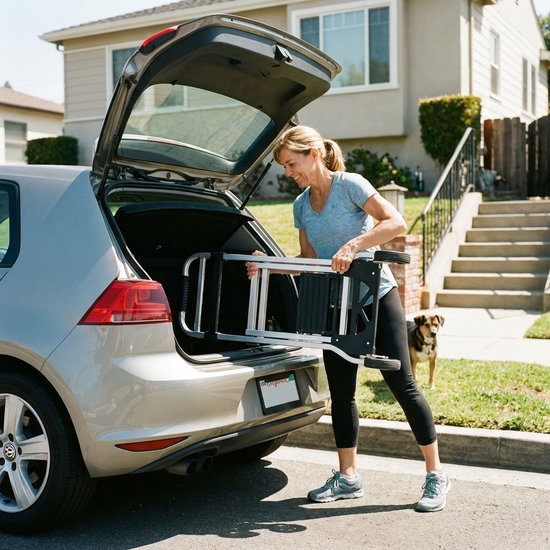 Angehörige verstaut einen zusammengeklappten, kompakten Treppensteiger mühelos im Kofferraum ihres Autos