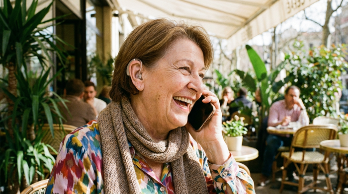 Ältere Dame telefoniert fröhlich mit einem Smartphone, unauffälliges modernes Hörgerät am Ohr deutlich sichtbar