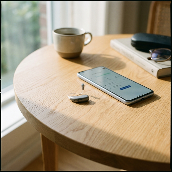 Modernes, unauffälliges Hörgerät liegt neben einem Smartphone auf einem hellen Holztisch