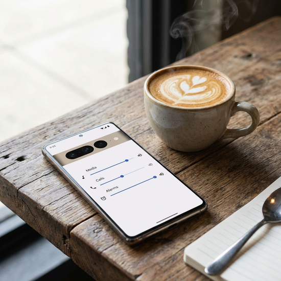 Smartphone mit geöffneter App zur Lautstärkeregelung liegt neben einer Kaffeetasse