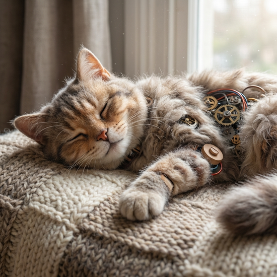 Nahaufnahme einer flauschigen Roboterkatze, die friedlich auf einer kuscheligen Decke ruht.
