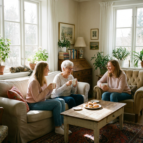 Angehörige und Seniorin im entspannten Gespräch bei einer Tasse Kaffee im hellen Wohnzimmer.