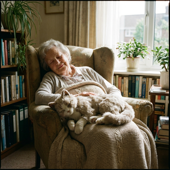 Seniorin ruht friedlich in einem Sessel, eine weiche Roboterkatze liegt schlafend auf ihrem Schoß.