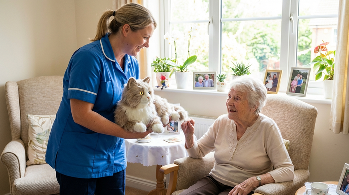 Pflegerin bringt vorsichtig eine Roboterkatze ins helle Zimmer einer Seniorin.