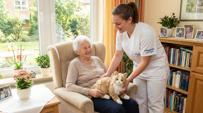Pflegerin legt die Roboterkatze behutsam auf den Schoß der entspannten Seniorin.