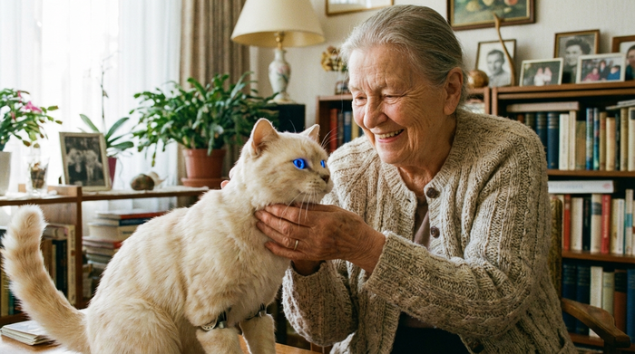 Seniorin streichelt die Roboterkatze und lächelt glücklich.